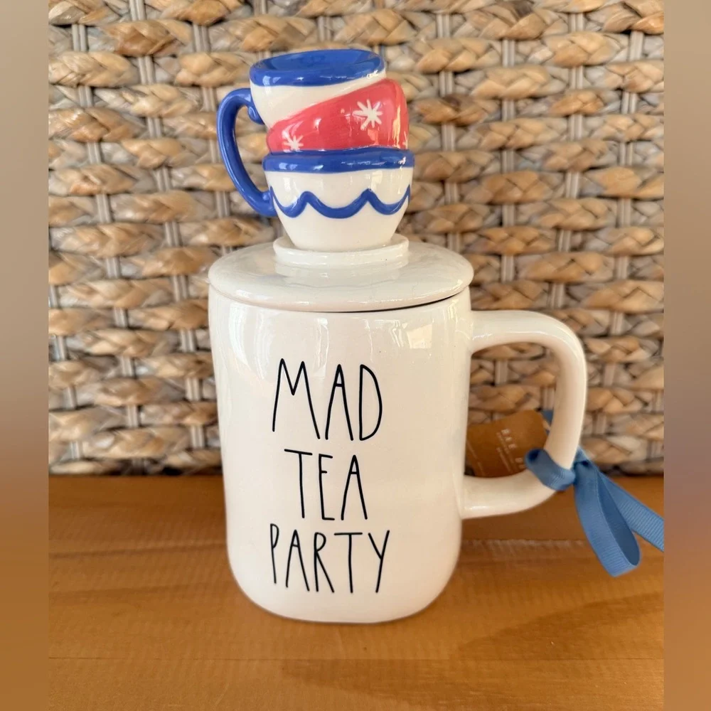 NWT Rae Dunn Disney MAD TEA PARTY Double Sided Alice In Wonderland TOPPER Mug